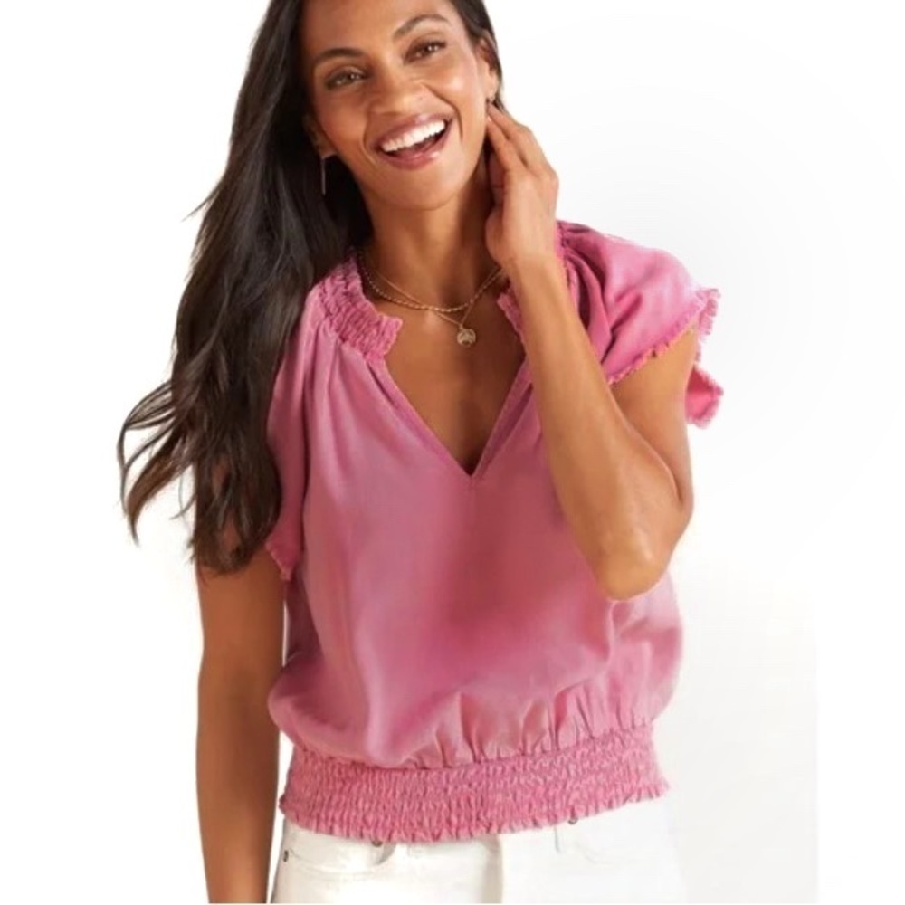 Cloth & Stone Smocked Top Sz S V Neck Frayed Sleeve Boho Feminine Pink - Picture 2 of 10